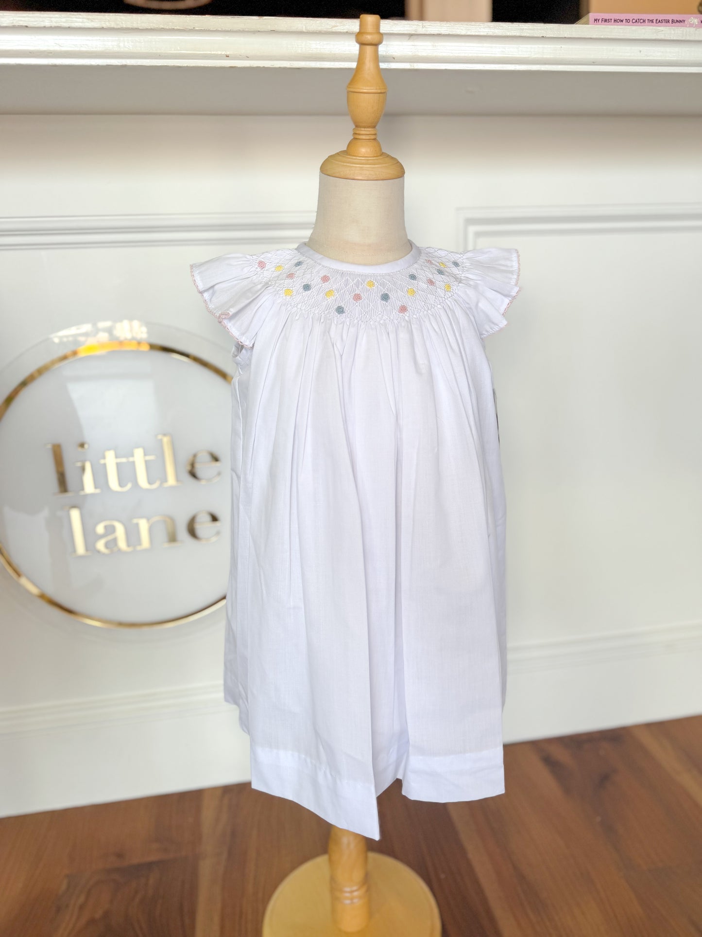 Geo Flower Bishop Dress, White Batiste