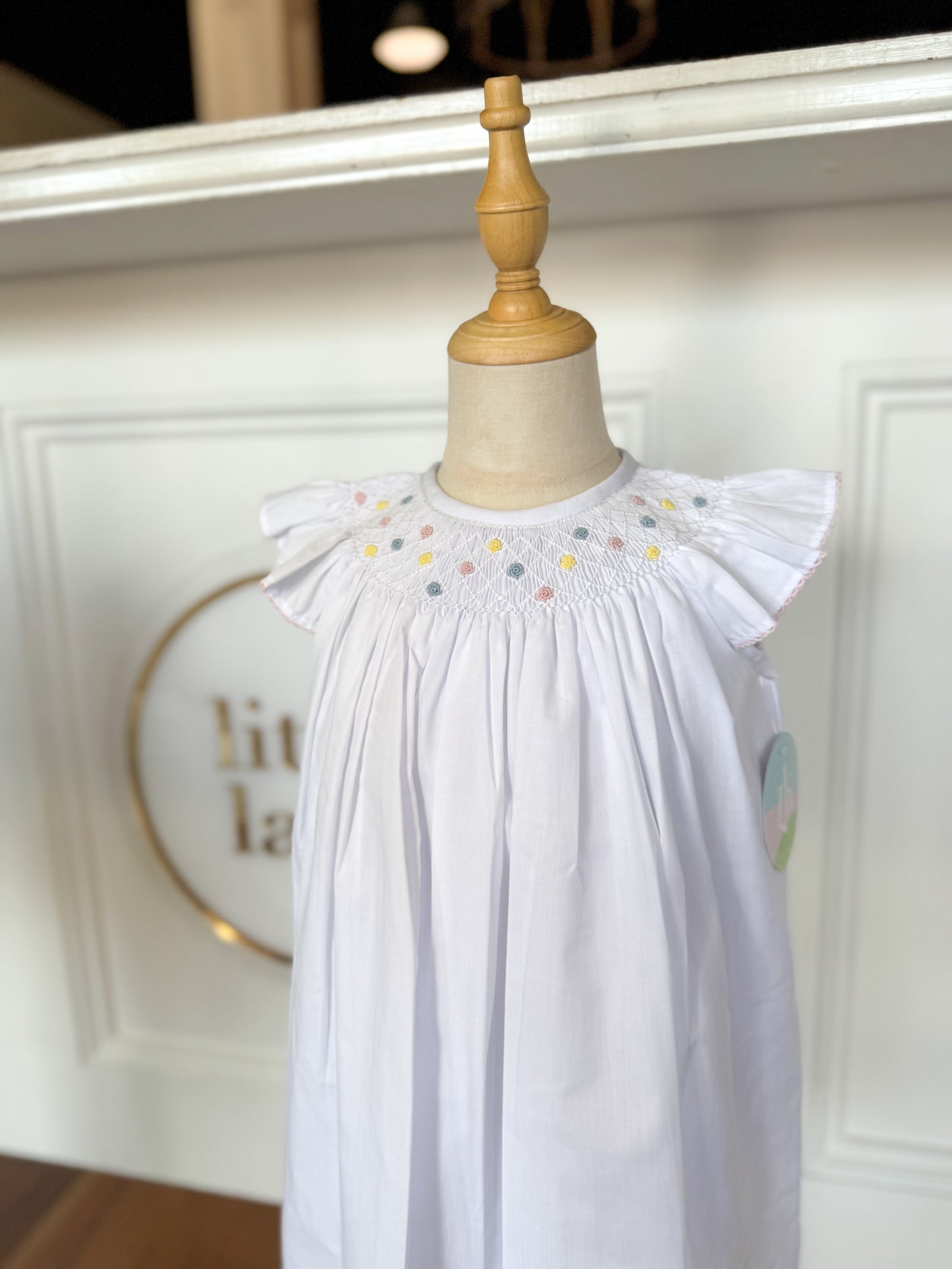 Geo Flower Bishop Dress, White Batiste