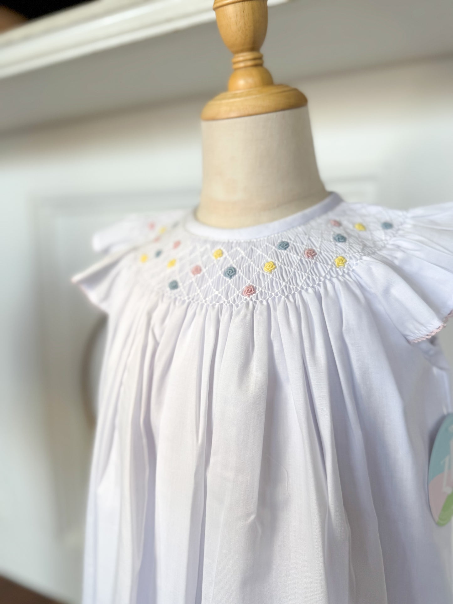 Geo Flower Bishop Dress, White Batiste