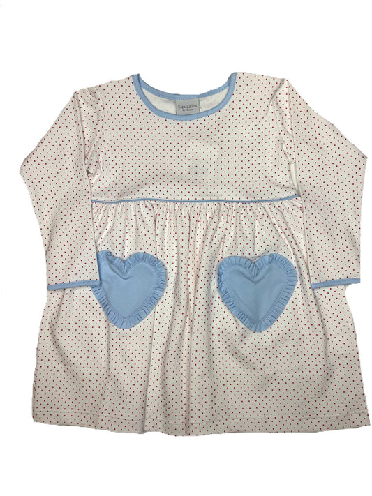 Popover Dress Blue Heart Pocket-LS