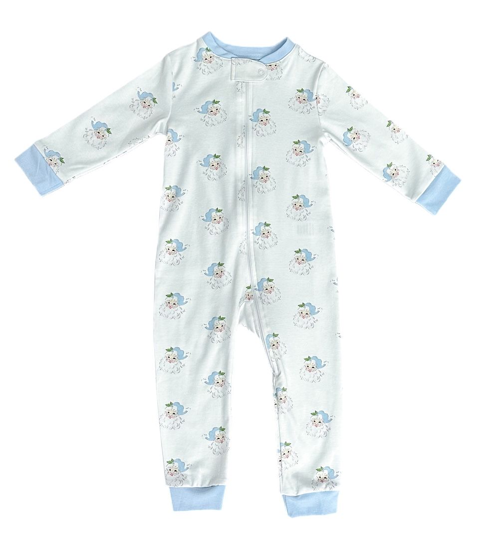 One Piece Zip Up Jammies, Blue Santa Pima Knit