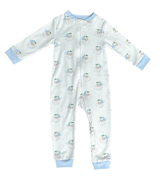 One Piece Zip Up Jammies, Blue Santa Pima Knit