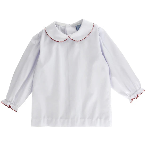 White Girl's Peter Pan Blouse-Red Picot Trim