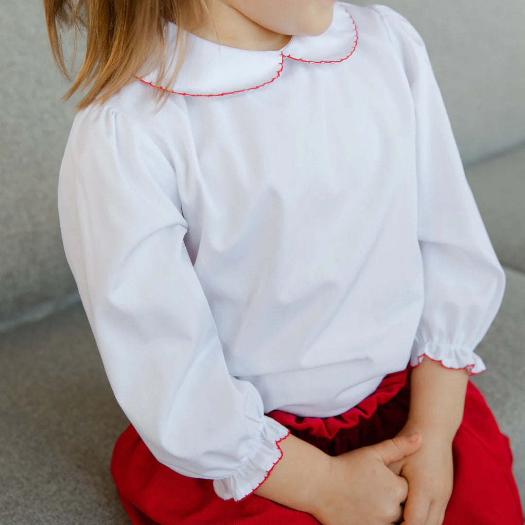 White Girl's Peter Pan Blouse-Red Picot Trim