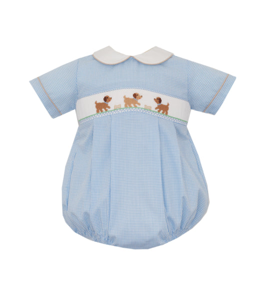 Petit Pups Blue Check Smocked Bubble