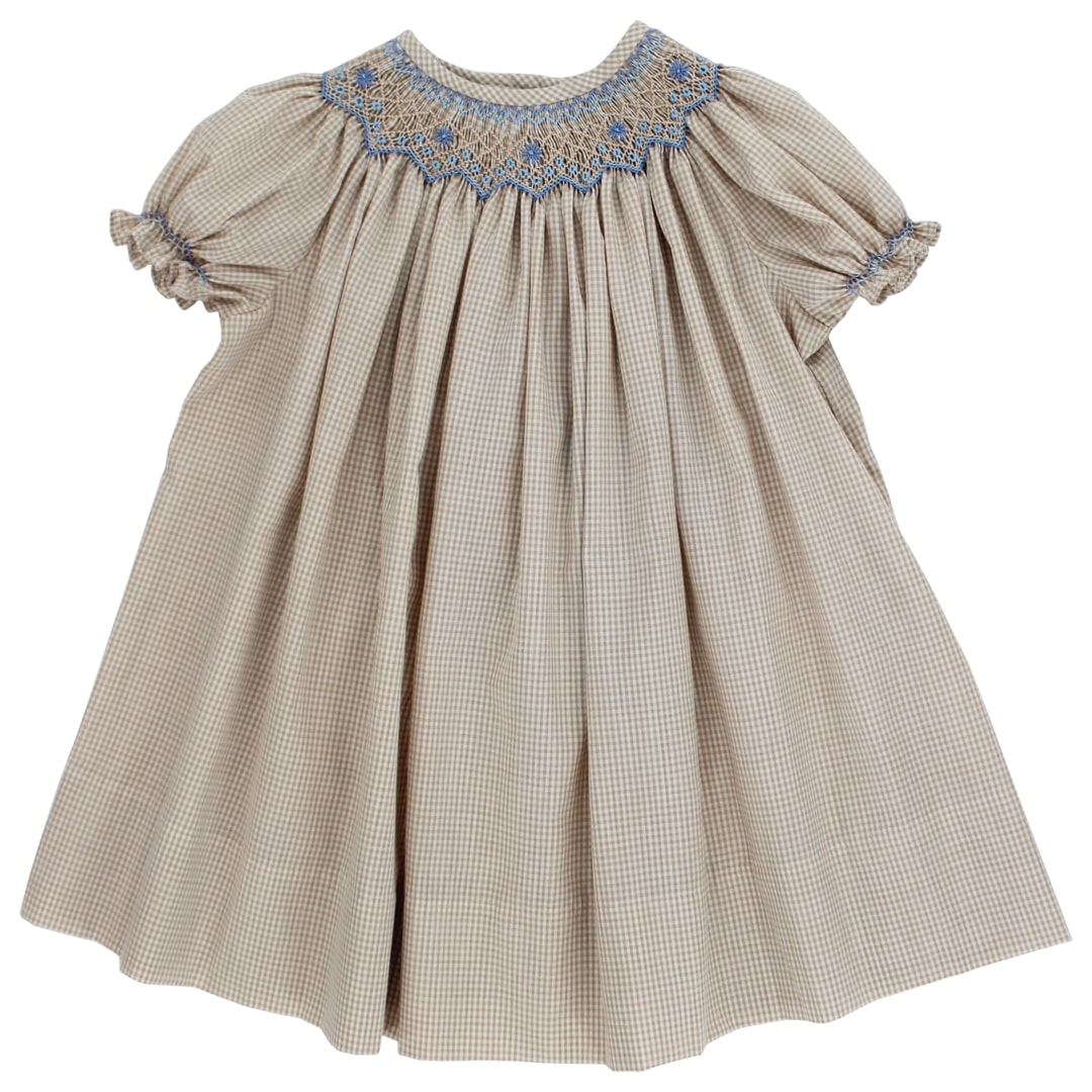 Khaki Check Blue Floral Bishop Dress