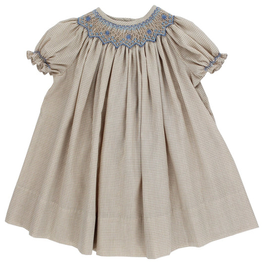 Khaki Check Blue Floral Bishop Dress