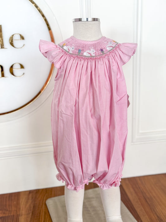 Pink Smocked Bunnies Bishop Romper