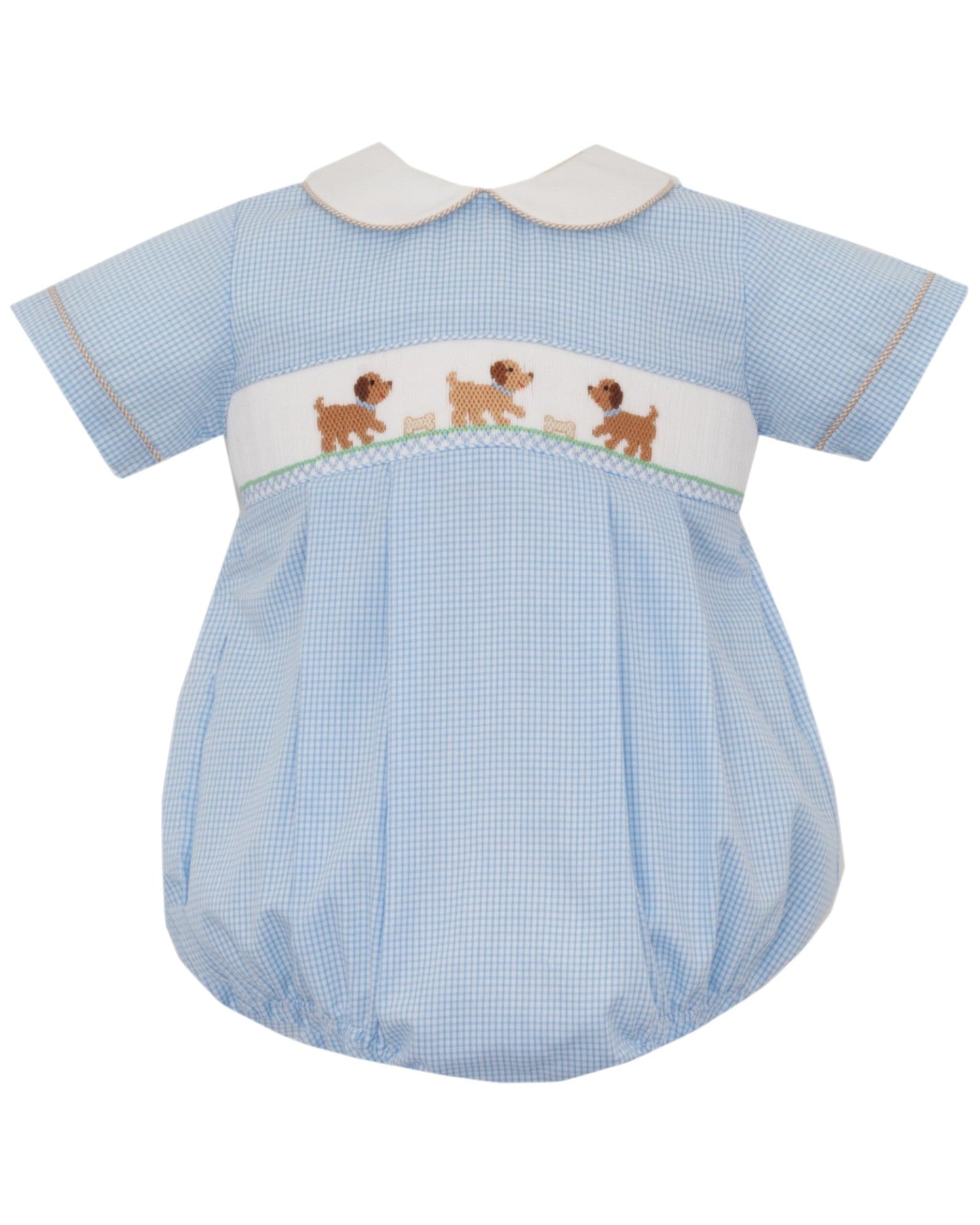 Petit Pups Blue Check Smocked Bubble
