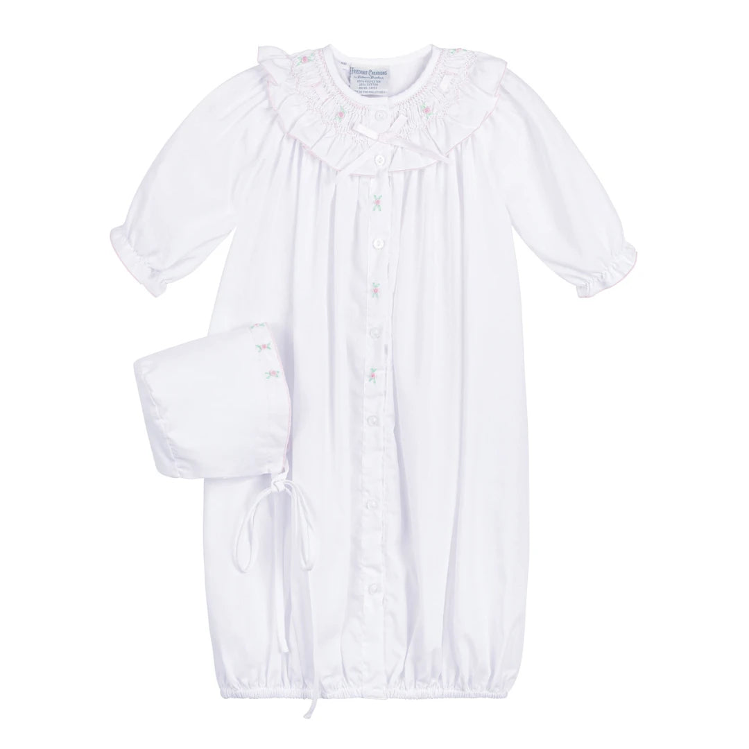 White Ribbon Ruffle Smocked Take Me Home Gown/Bonnet Set