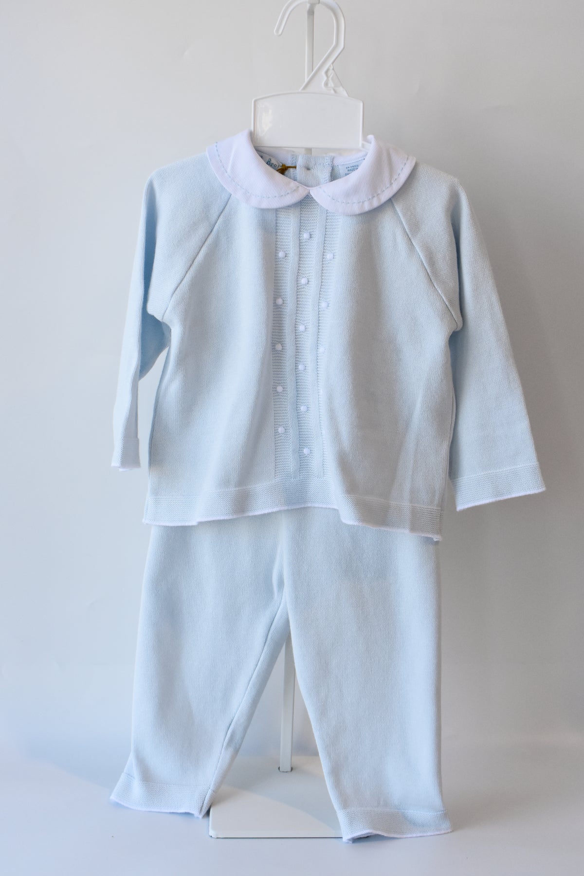 Boy's Pique Collar Embroidered Dot Blue Knit Set