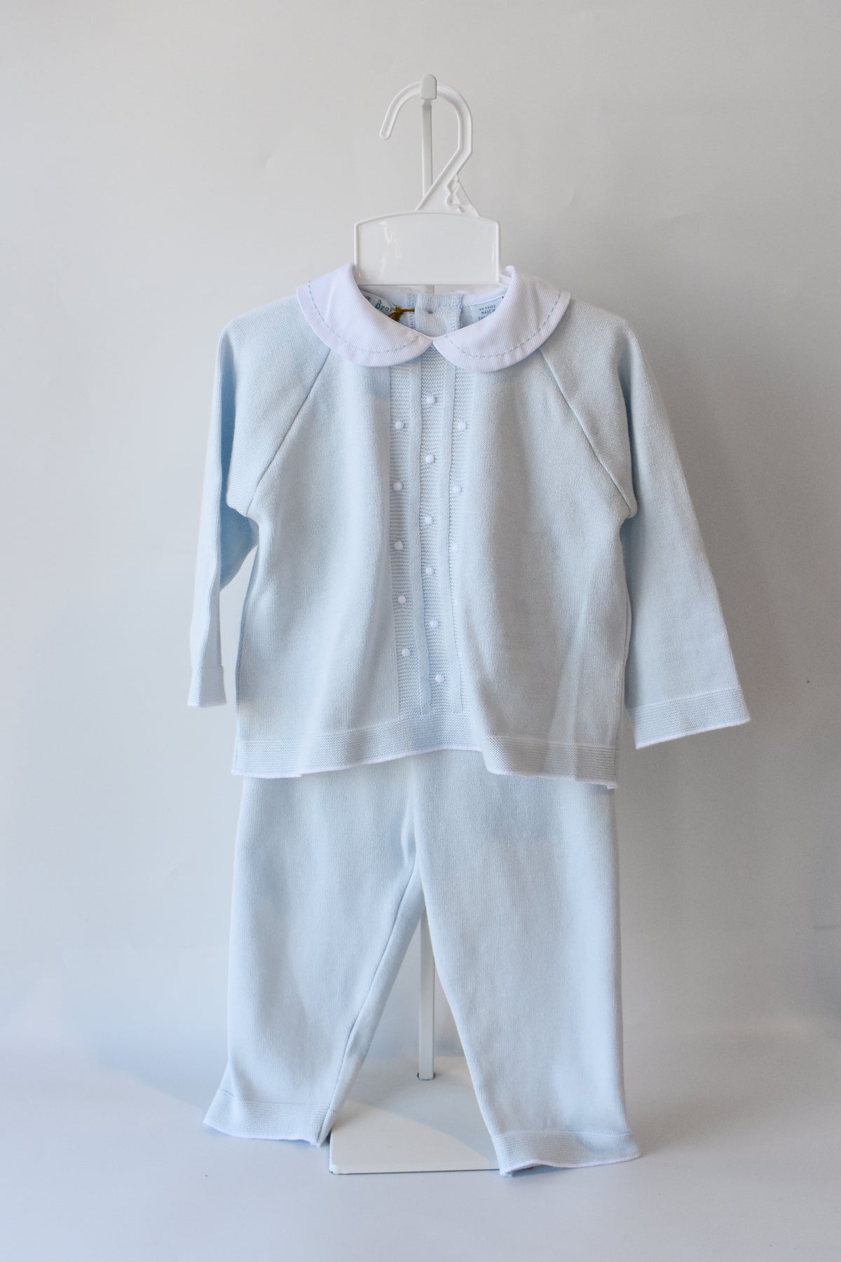 Boy's Pique Collar Embroidered Dot Blue Knit Set