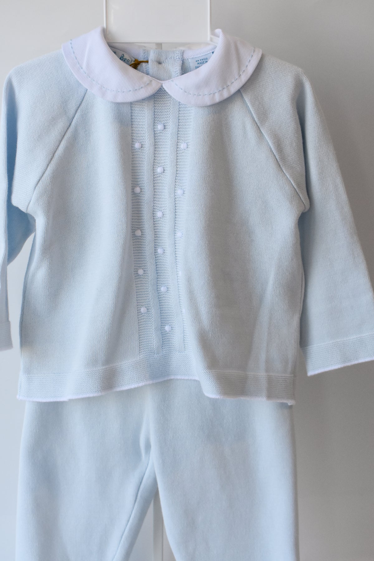 Boy's Pique Collar Embroidered Dot Blue Knit Set