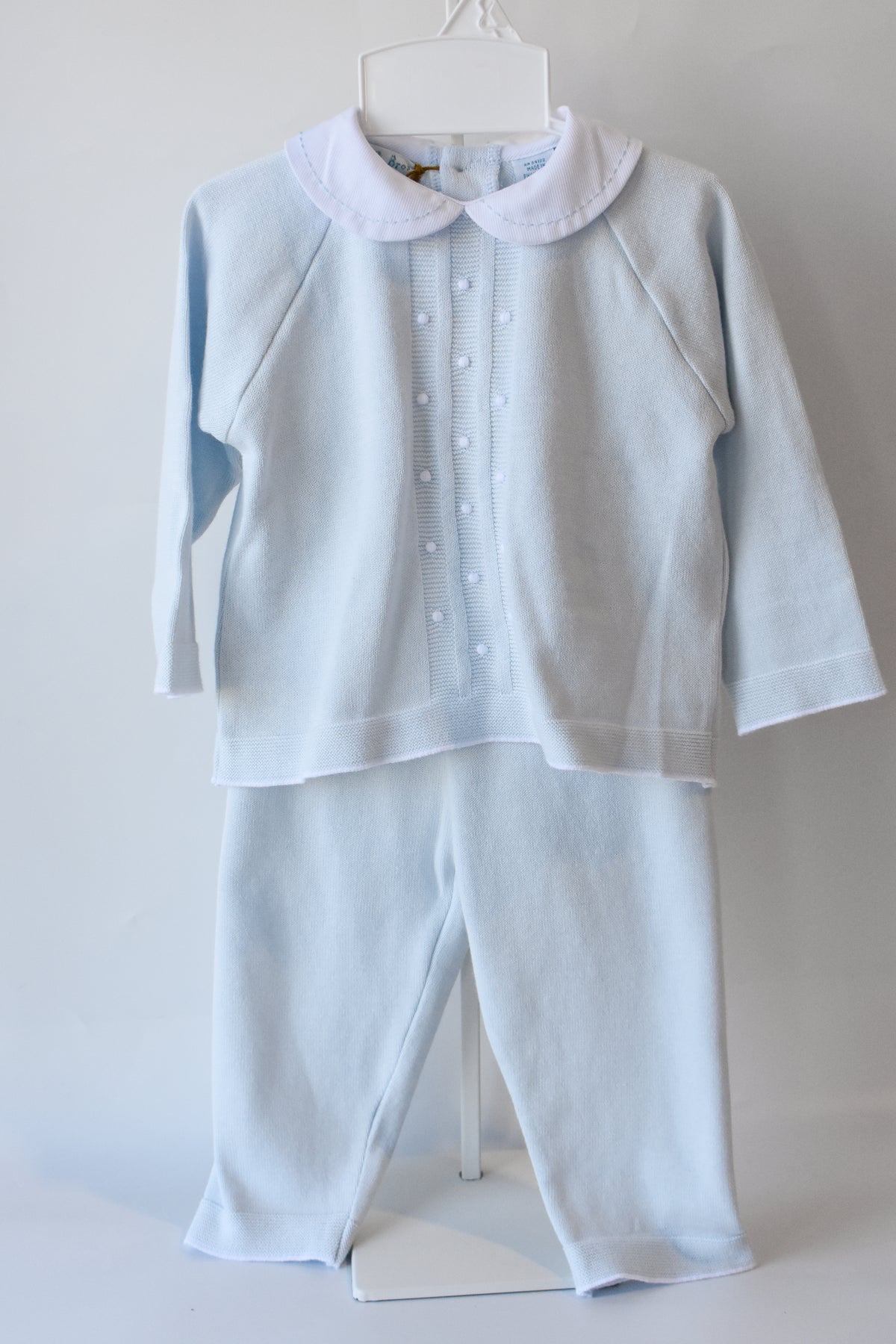 Boy's Pique Collar Embroidered Dot Blue Knit Set
