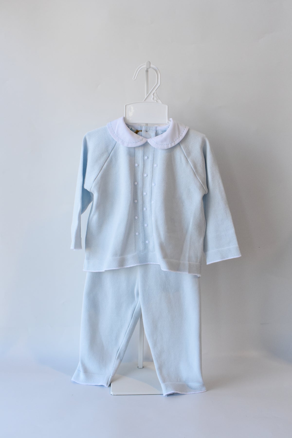 Boy's Pique Collar Embroidered Dot Blue Knit Set