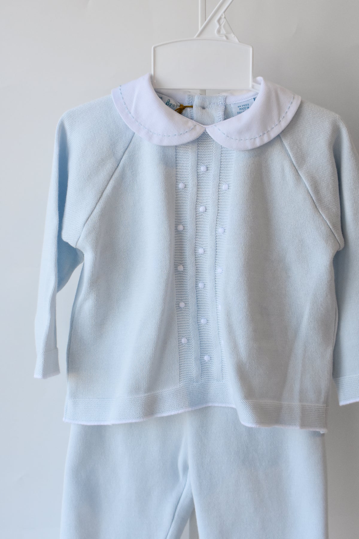 Boy's Pique Collar Embroidered Dot Blue Knit Set