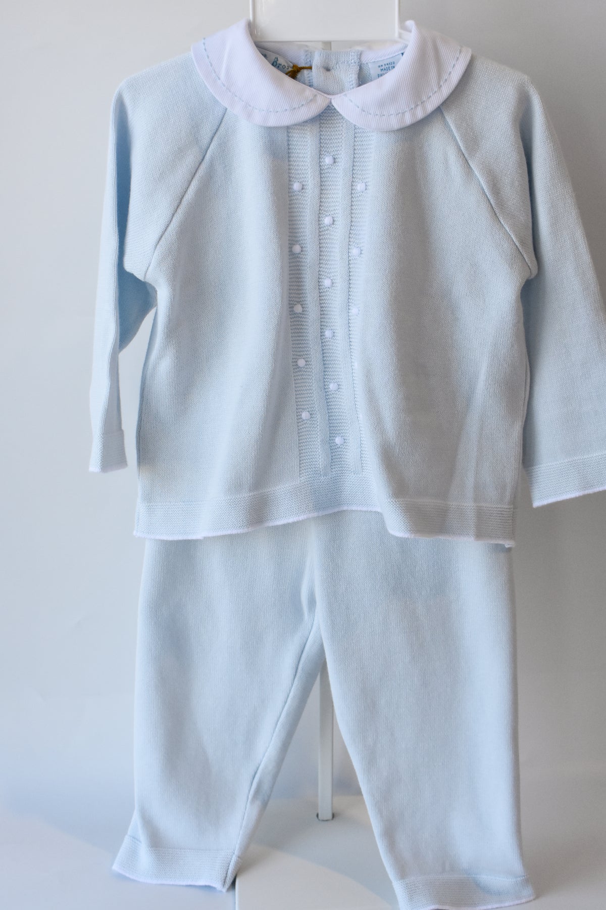 Boy's Pique Collar Embroidered Dot Blue Knit Set