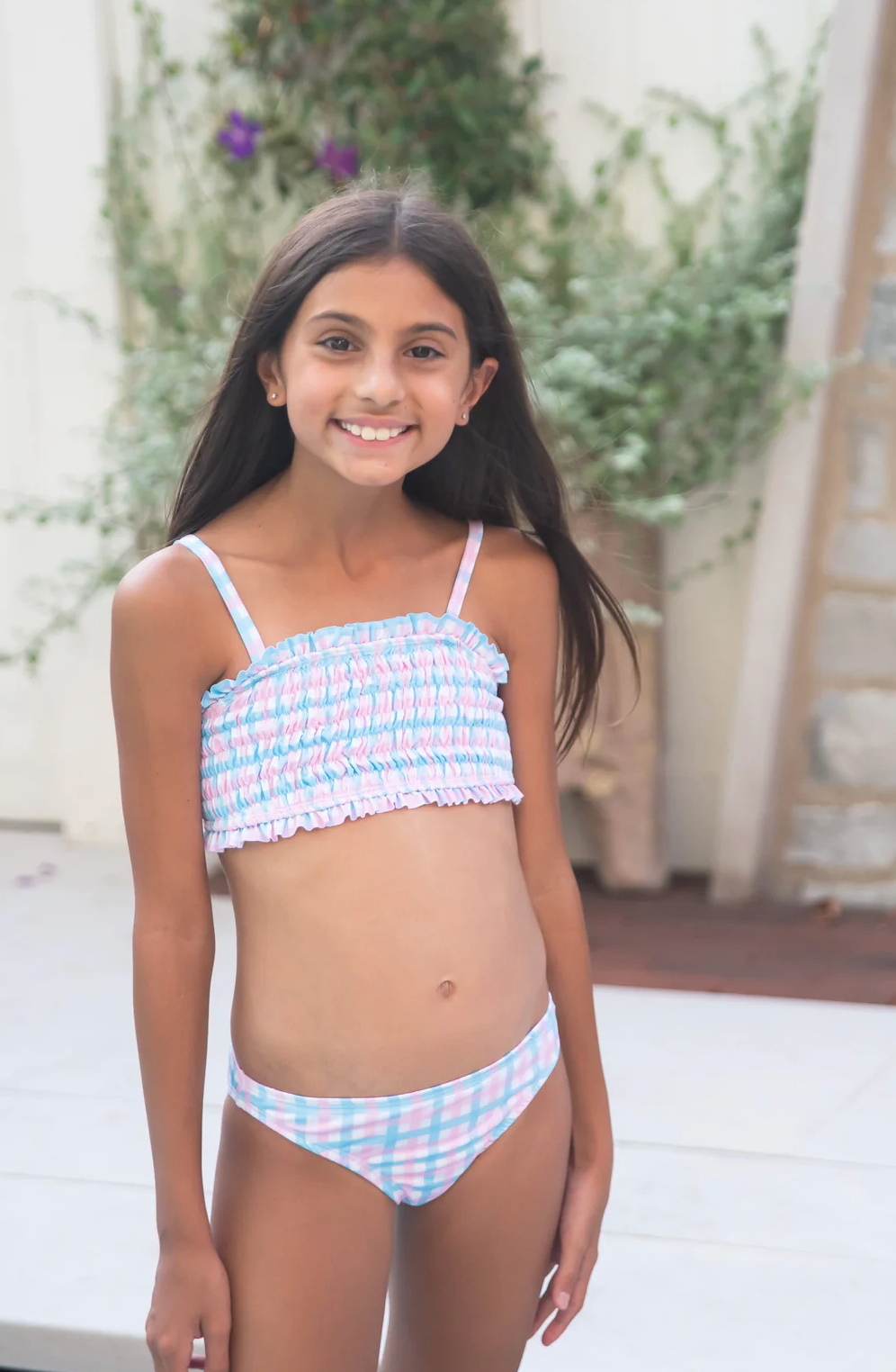 Rhodes Two Piece Swim, Pink and Blue Check