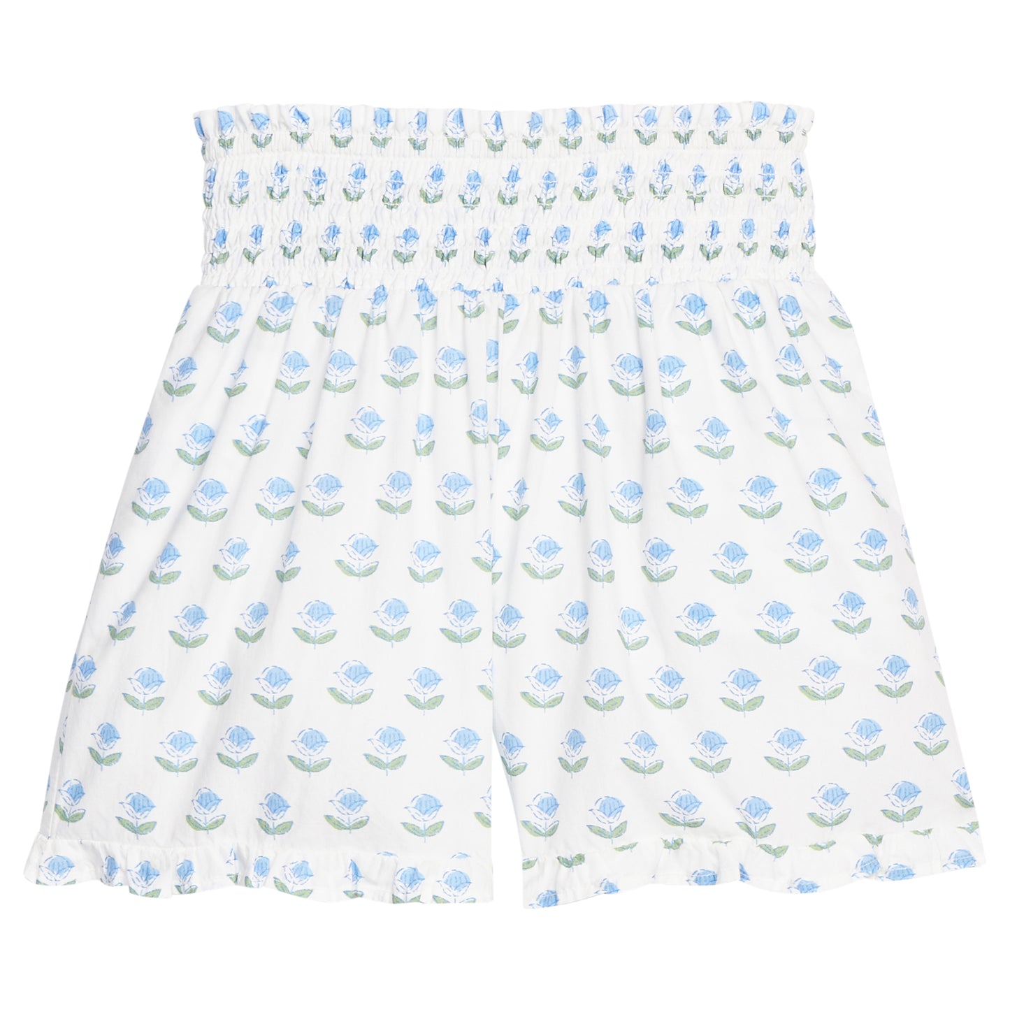 Shirred Shorts-Blue Tulip Block Print