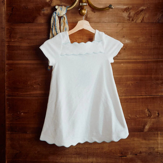 Girl's Terry Scalloped Dress-White/Light Blue Trim