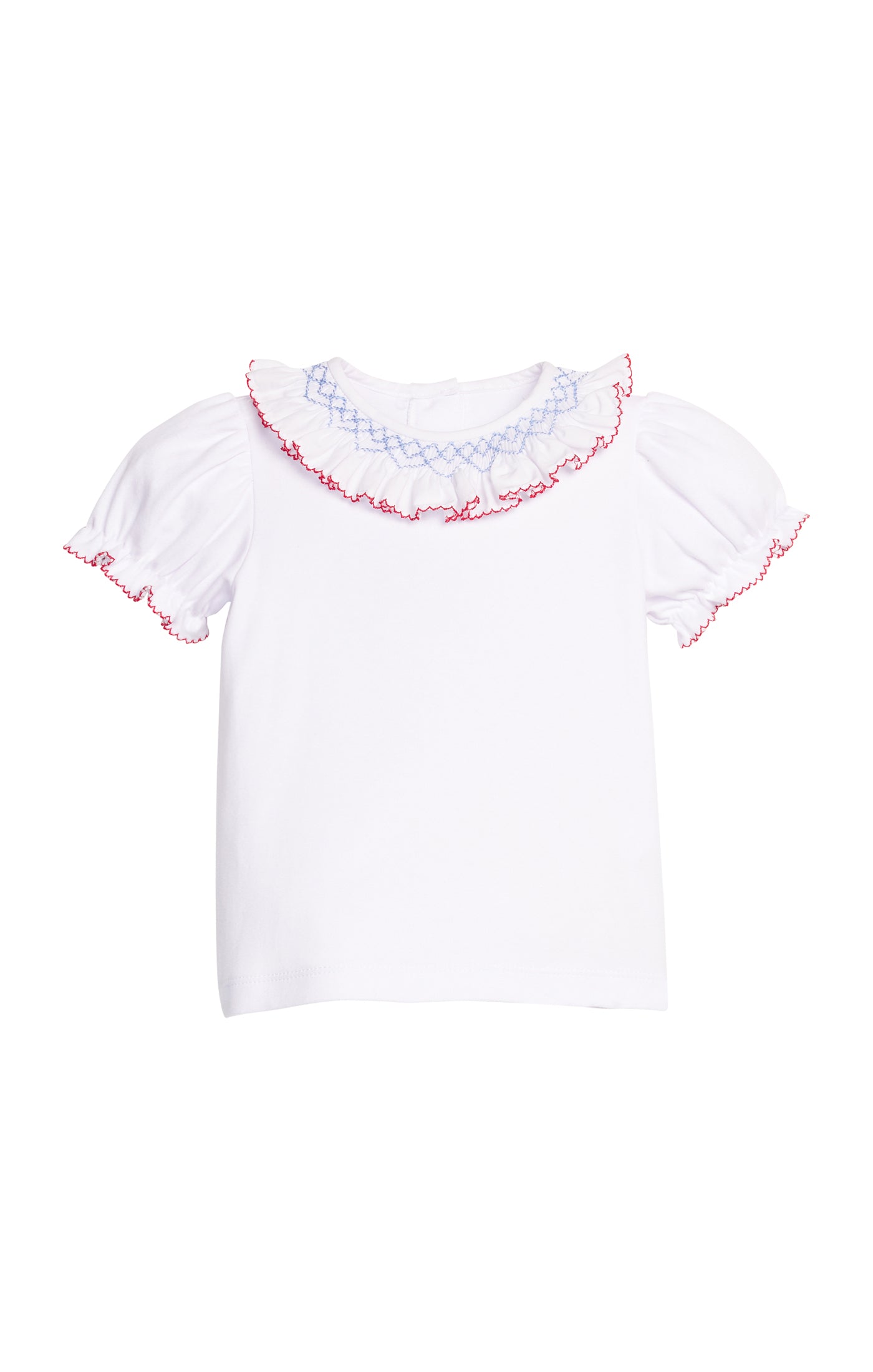 Smocked Madeline Blouse-Blue/Red Trim