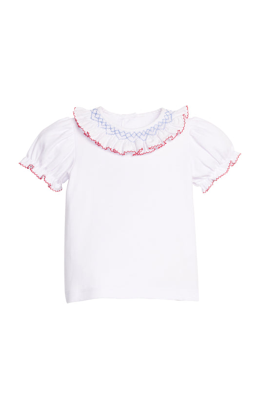 Smocked Madeline Blouse-Blue/Red Trim