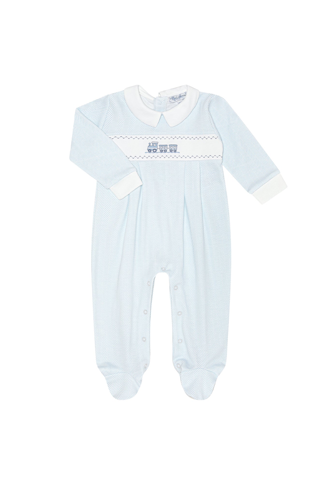 Blue Herringbone Train Embroidered Footie