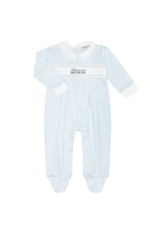 Blue Herringbone Train Embroidered Footie