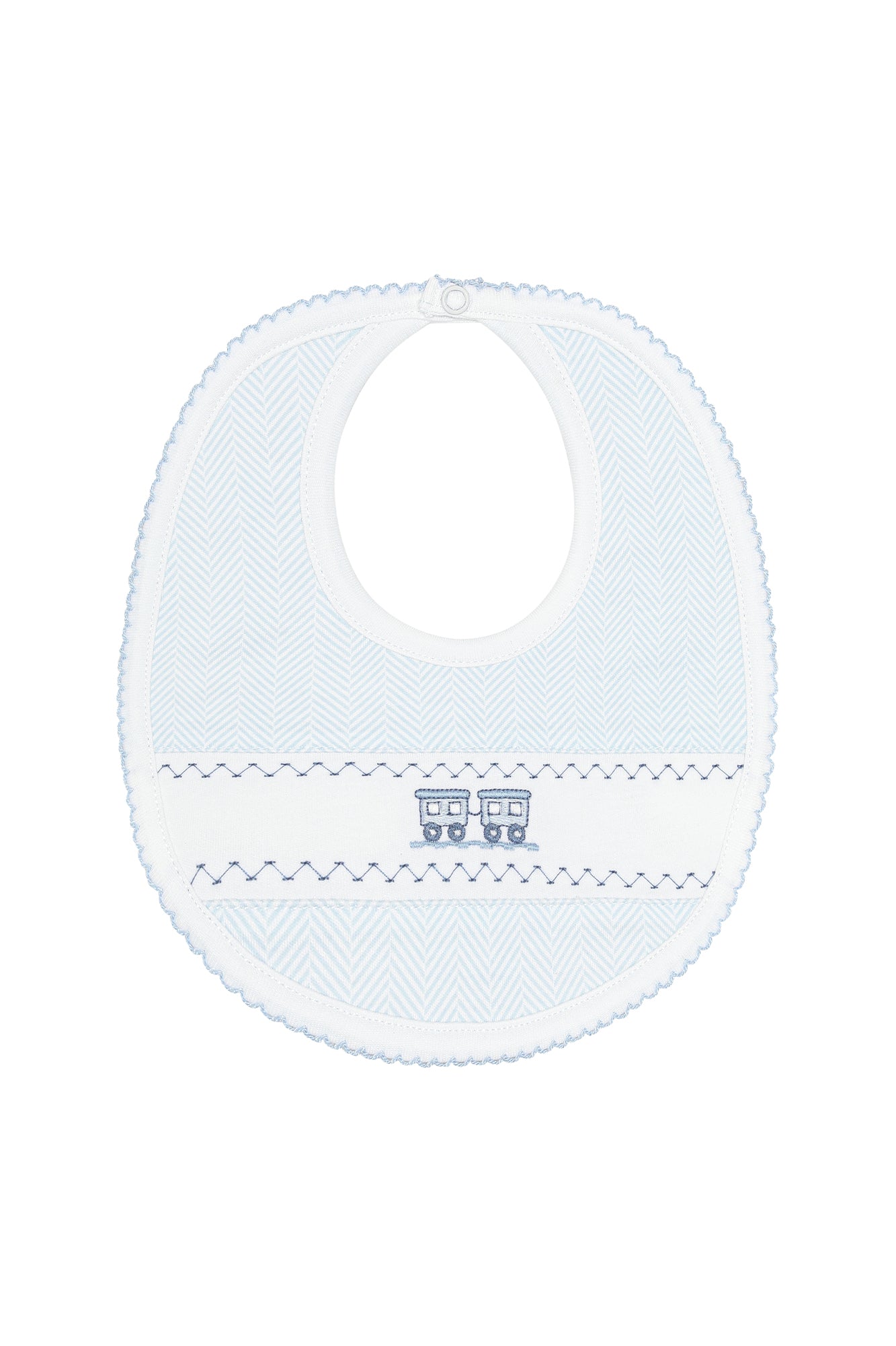 Blue Herringbone Train Embroidered Bib