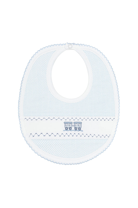 Blue Herringbone Train Embroidered Bib