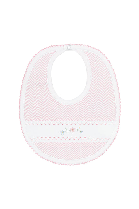 Pink Herringbone Floral Embroidered Bib