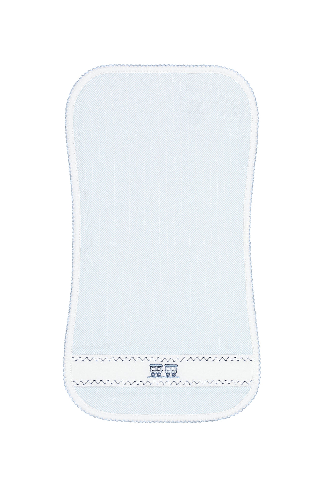 Blue Herringbone Train Embroidered Burp Cloth