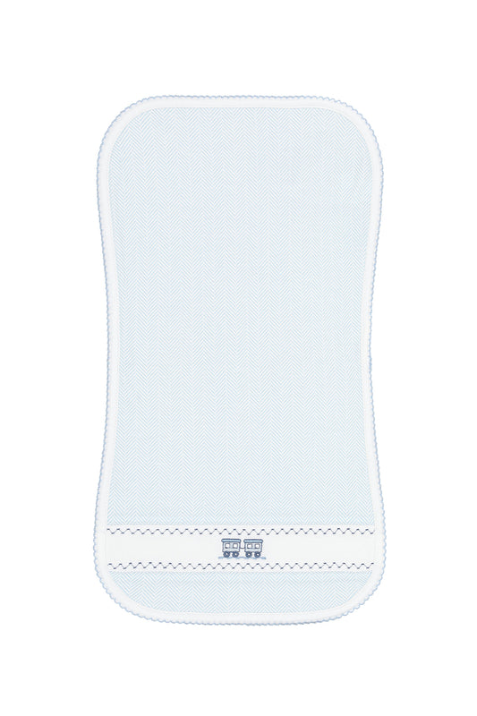 Blue Herringbone Train Embroidered Burp Cloth