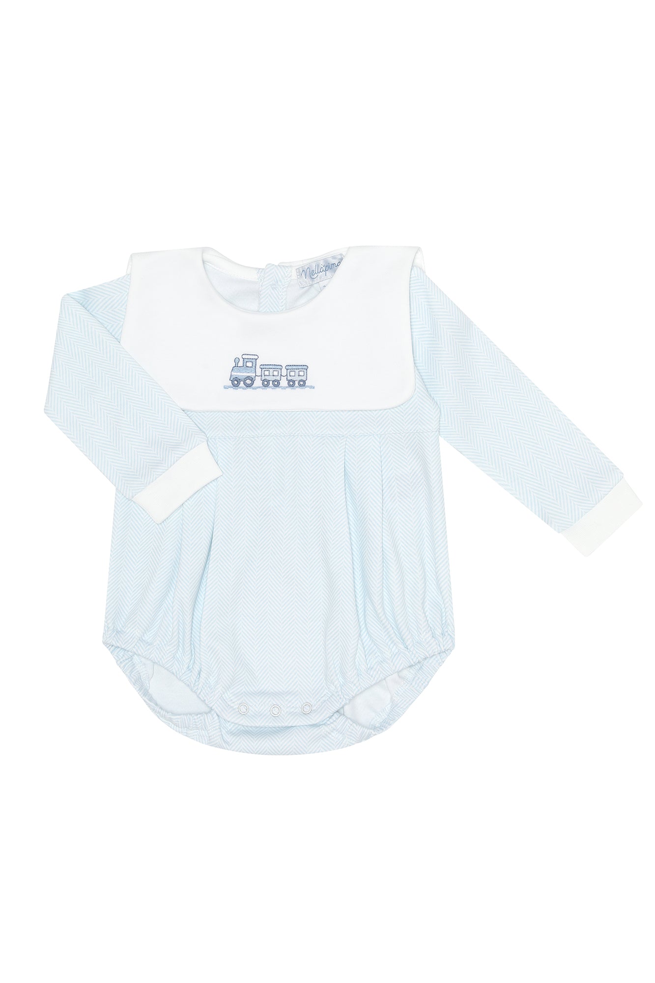 Blue Herringbone Train Embroidered Bubble
