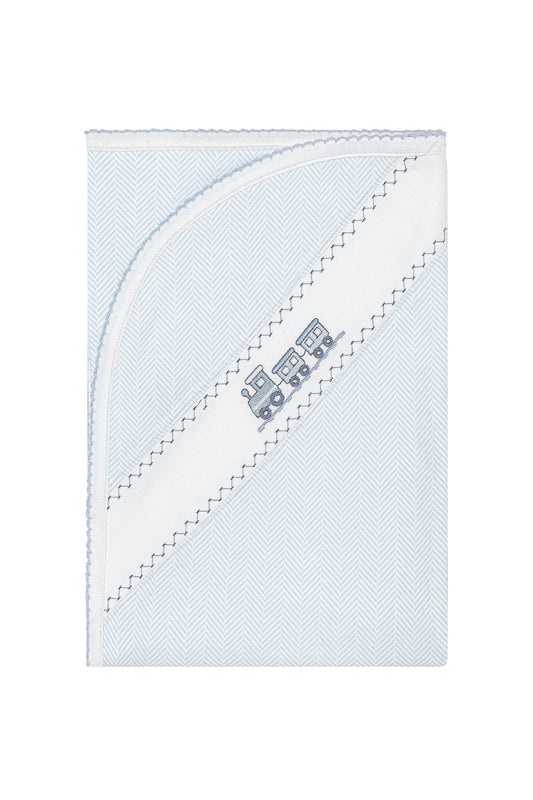 Blue Herringbone Train Embroidered Blanket